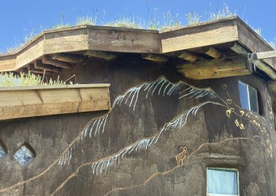 Hand-built earth building with living roof and sacred animal
