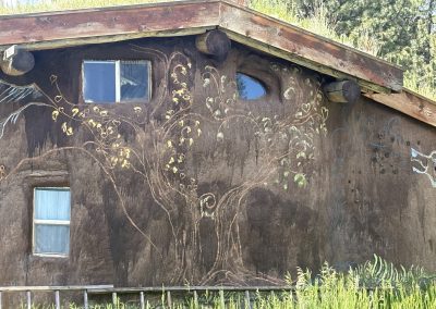 Hand-built earth building with living roof and sacred animal murals at Travel Magick Spiritual Retreat Center Colorado
