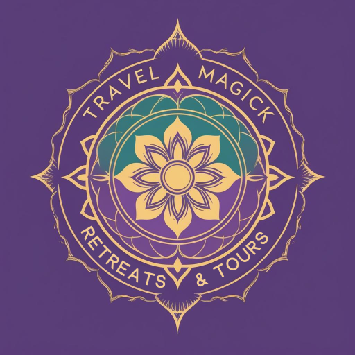 Travel Magick Retreat Center sacred mandala logo with lotus flower design in gold and teal on purple background